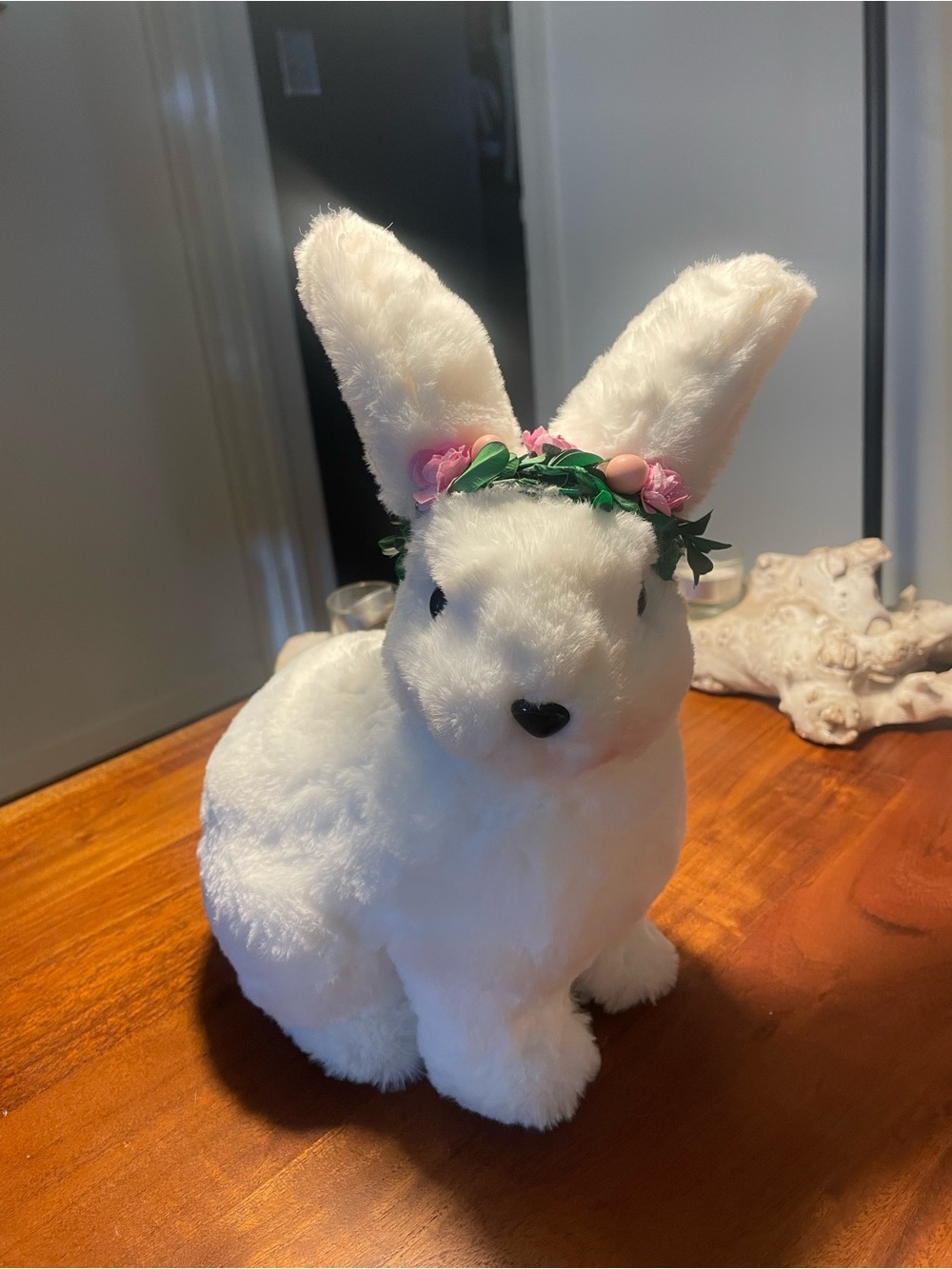 Decorative Hard Shell White Plush Bunny with Floral Crown - NOT A STUFFED TOY